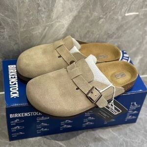 Birkenstock Beige Suede Platform Clogs